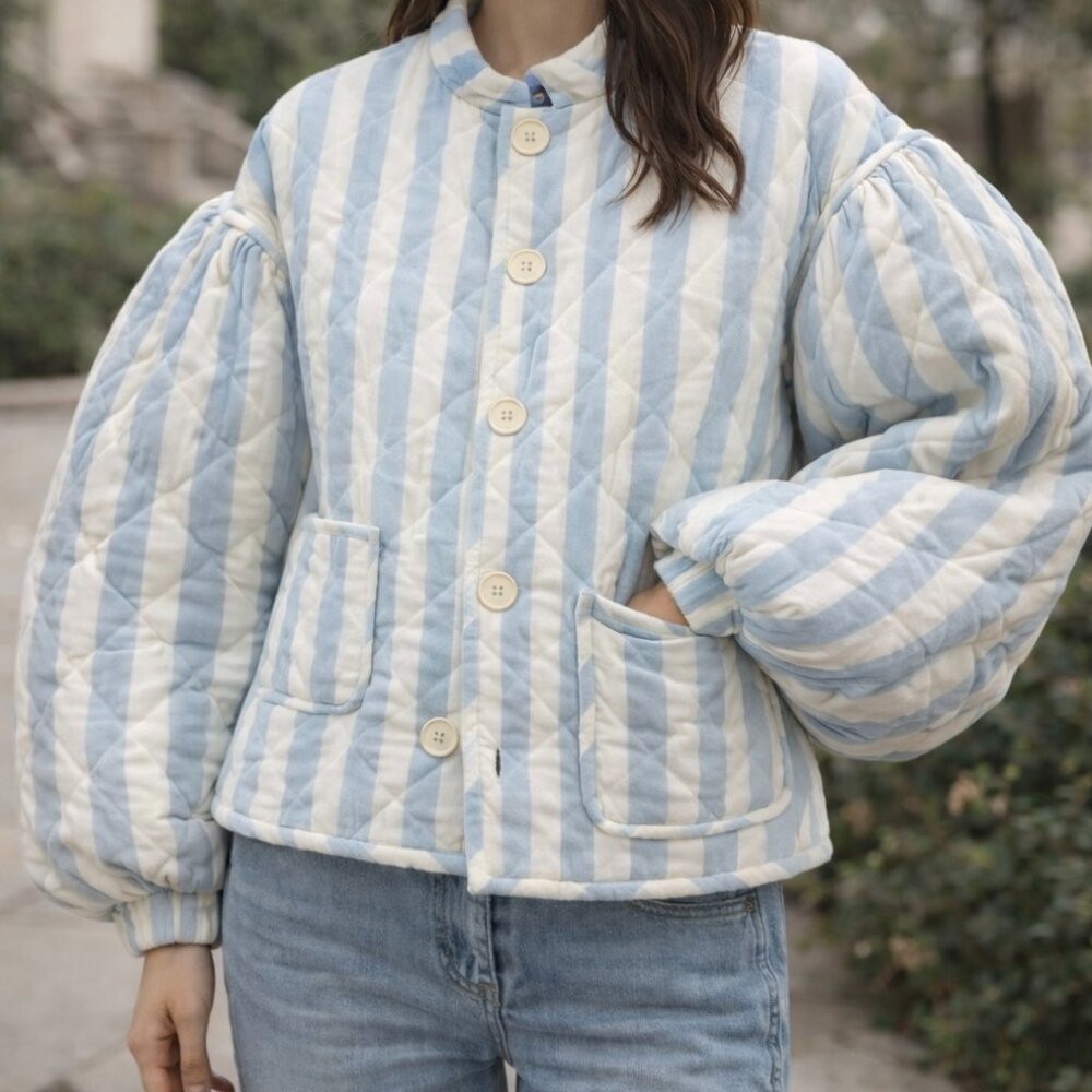 NWT MF Quilted Jacket 100% Cotton Blue White Stripe Puff Sleeve Coat